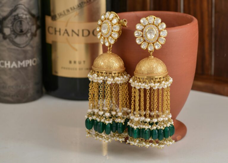 Elegant gold earrings with emerald green beads and pearls|Best Bridal Earrings
