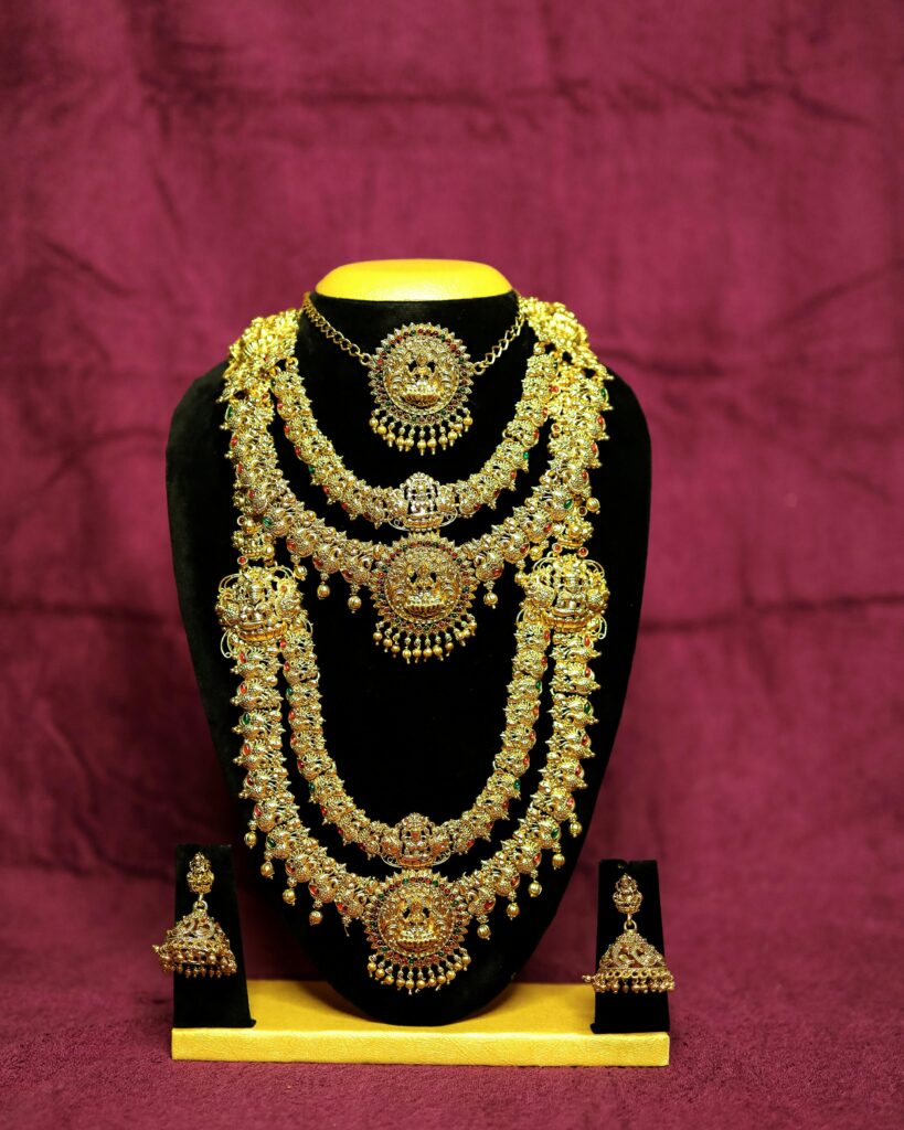 Elegant gold jewelry set including necklace and earrings |Best Bridal Jewellery in Trivandrum